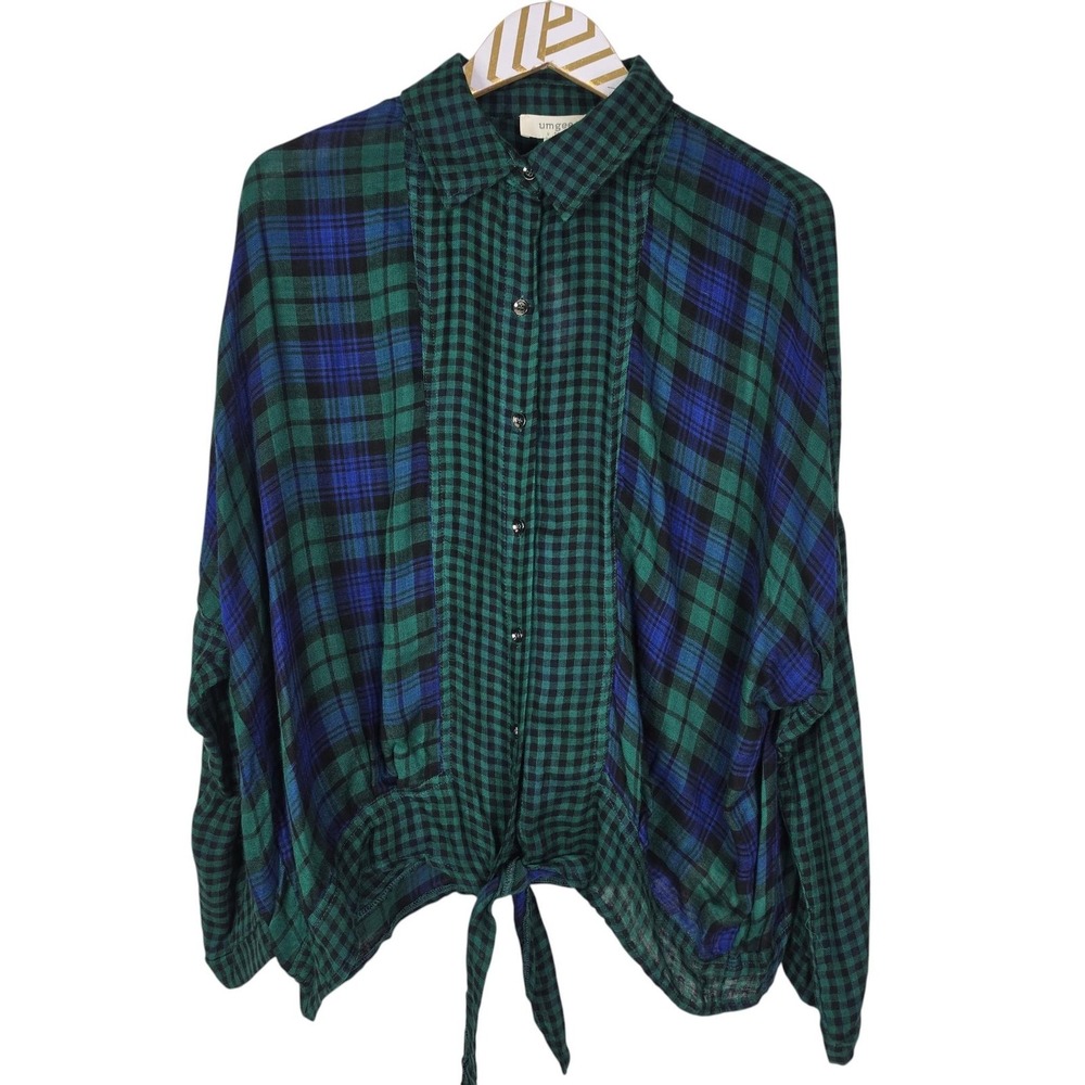 UMGEE Shirt Womens XL Green Plaid Tie Front Button Long Sleeve Top Mixed Media